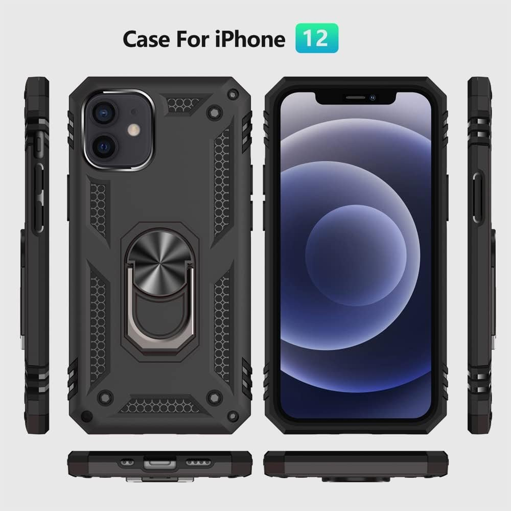 Fundas negras para teléfono con soporte de anillo, mostradas desde múltiples ángulos, 'Case For iPhone 12'.