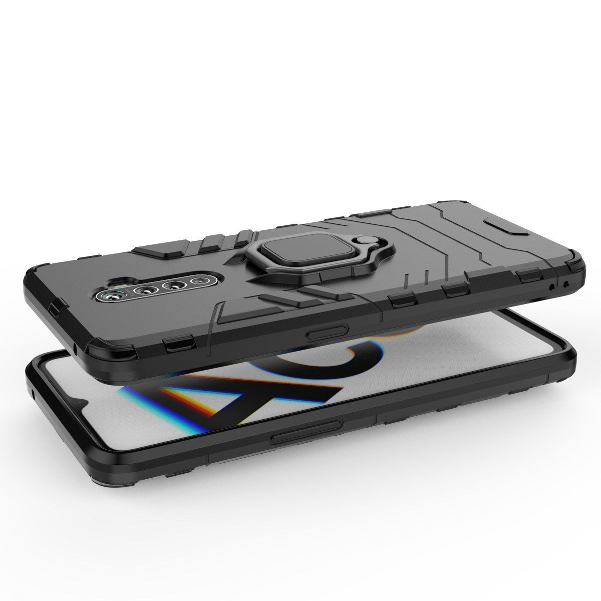 Funda negra para teléfono con soporte de anillo. El teléfono está dentro. Diseño texturizado.