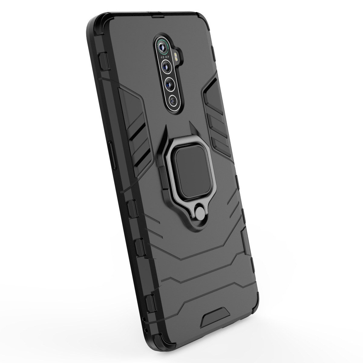 Funda negra para teléfono con soporte para anillos. El teléfono está dentro.