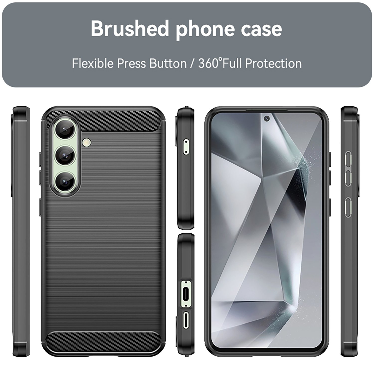 Funda negra con textura cepillada. Múltiples vistas con un teléfono mostrando la pantalla.