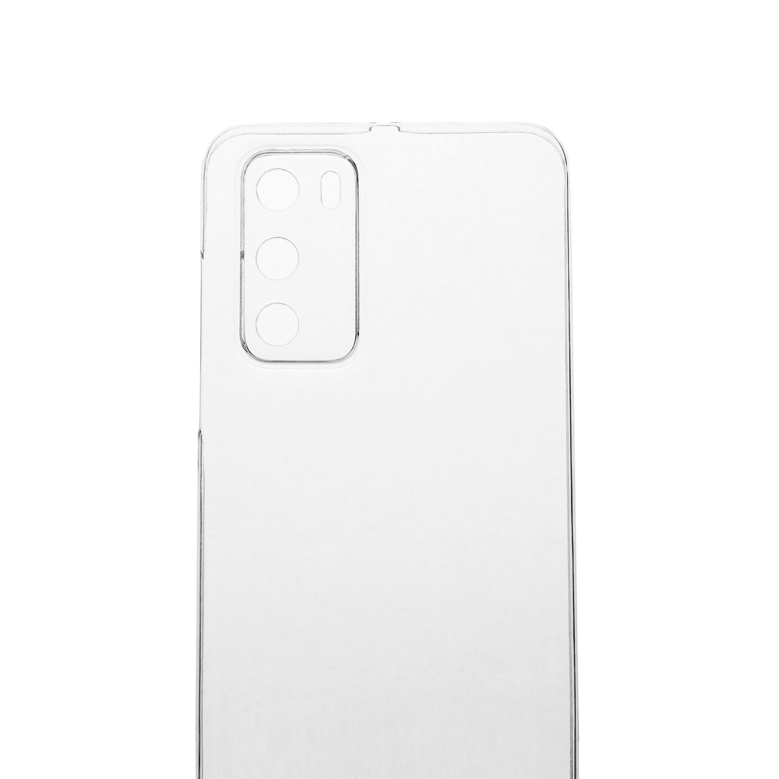 Una funda transparente para teléfono, con recortes para la cámara, se muestra sobre un fondo blanco.