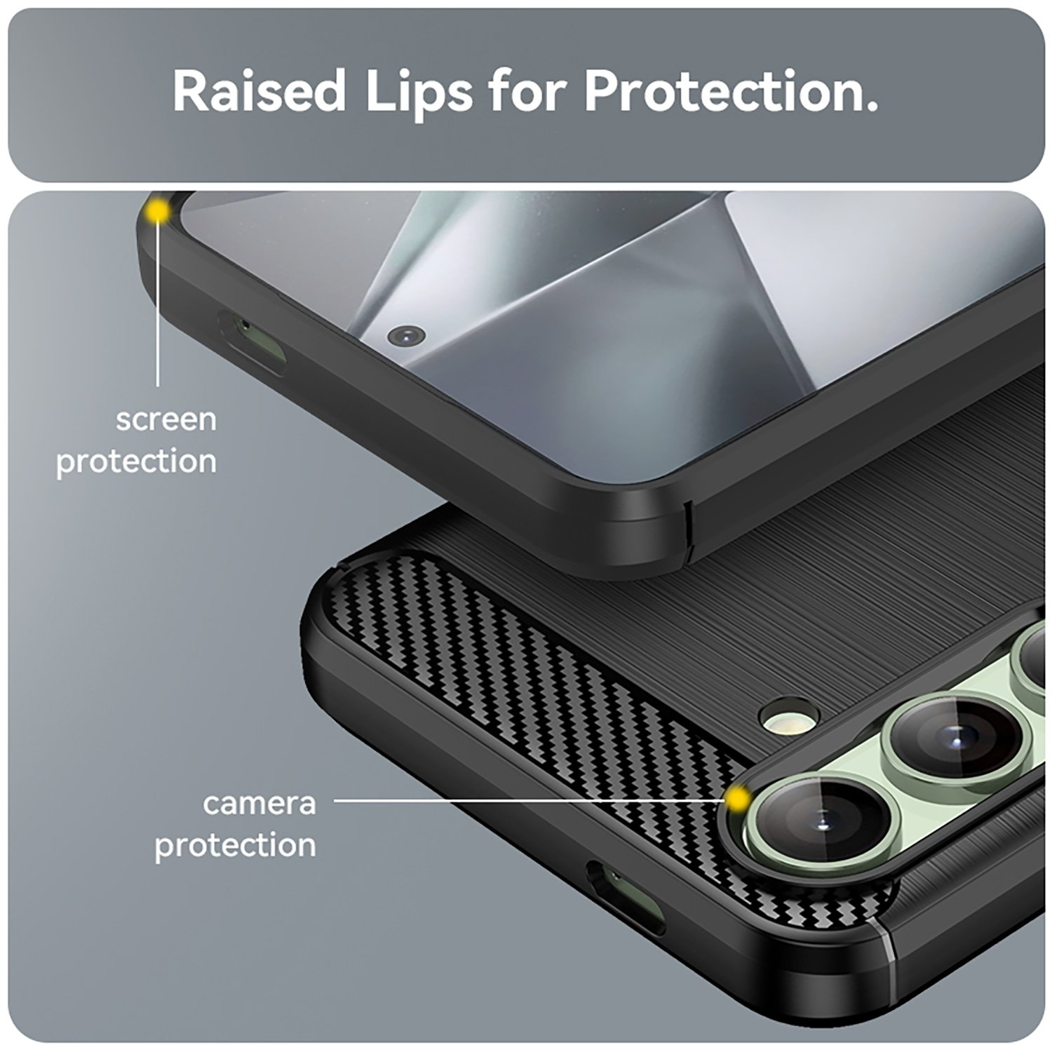 Primer plano de una funda negra para teléfono con protección de cámara y pantalla. Sobre fondo gris.