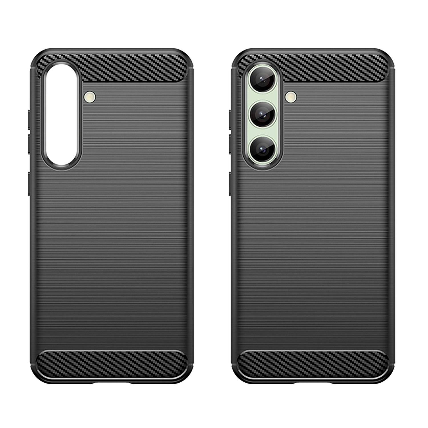 Dos fundas de teléfono negras, una con teléfono, ambas con textura de fibra de carbono.