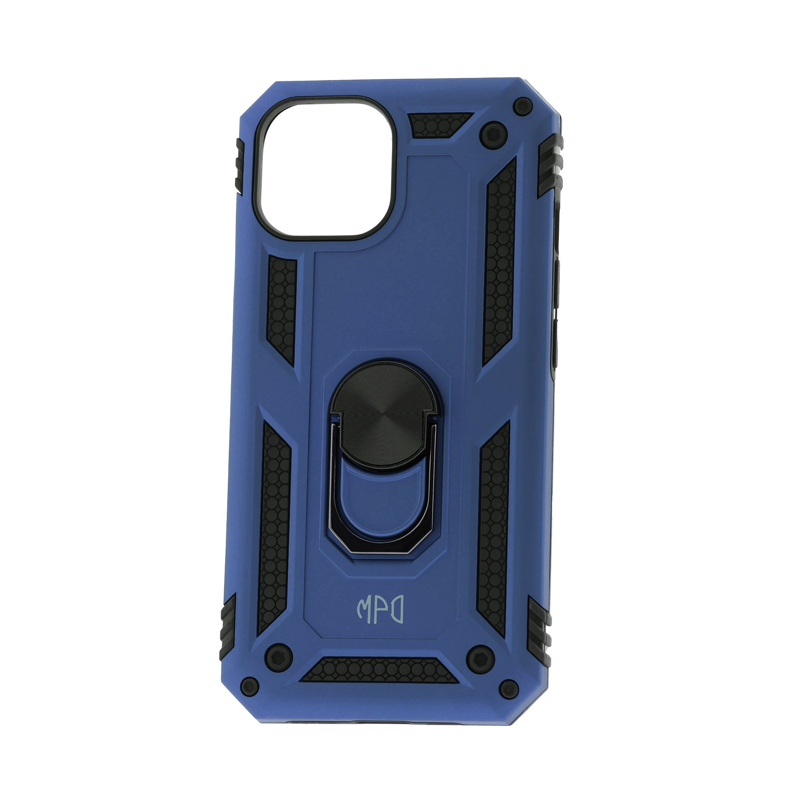 Funda de teléfono azul con anillo. Tiene detalles negros. Aislado sobre blanco.