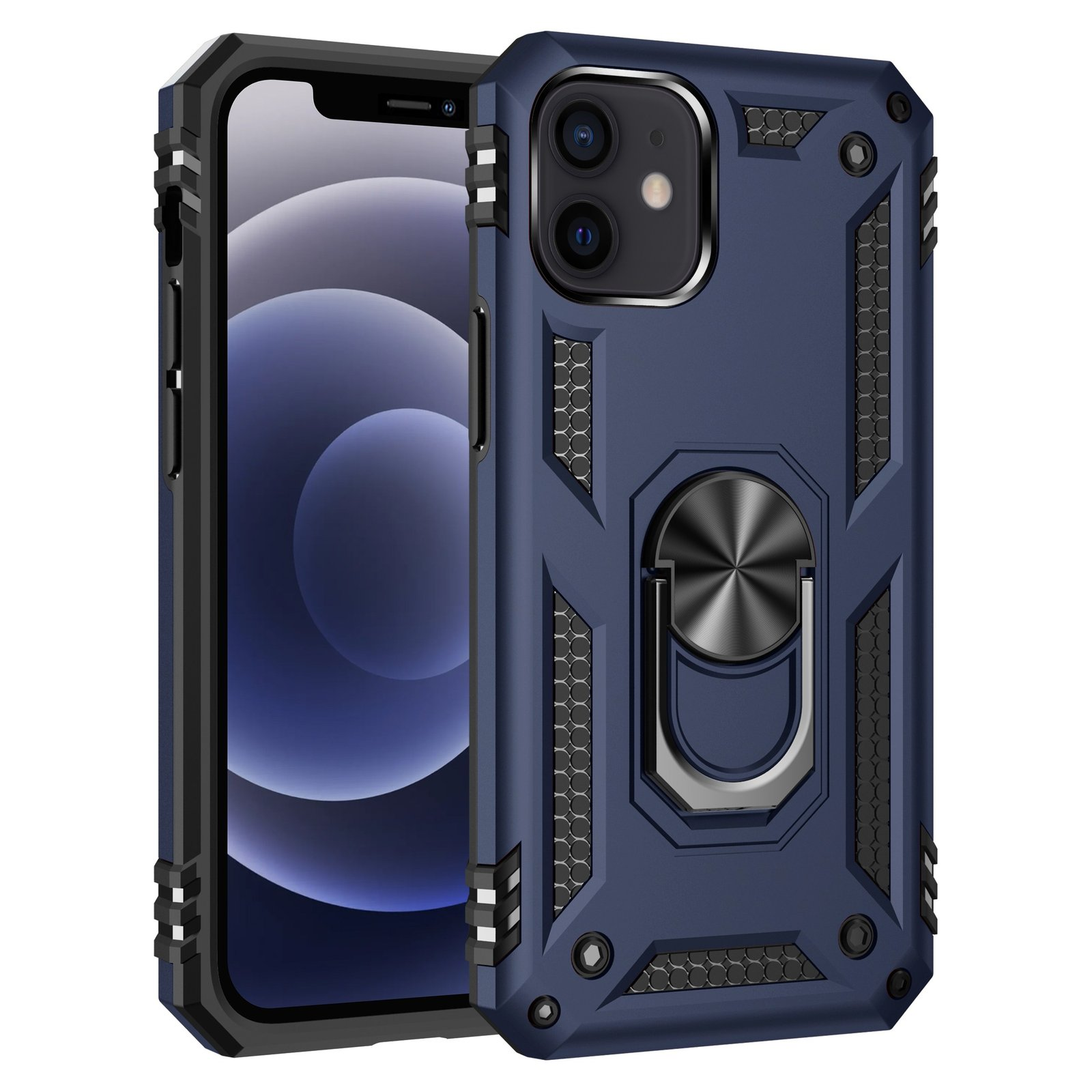 Funda de teléfono azul oscuro con soporte de anillo y teléfono dentro. Detalles negros y plateados.
