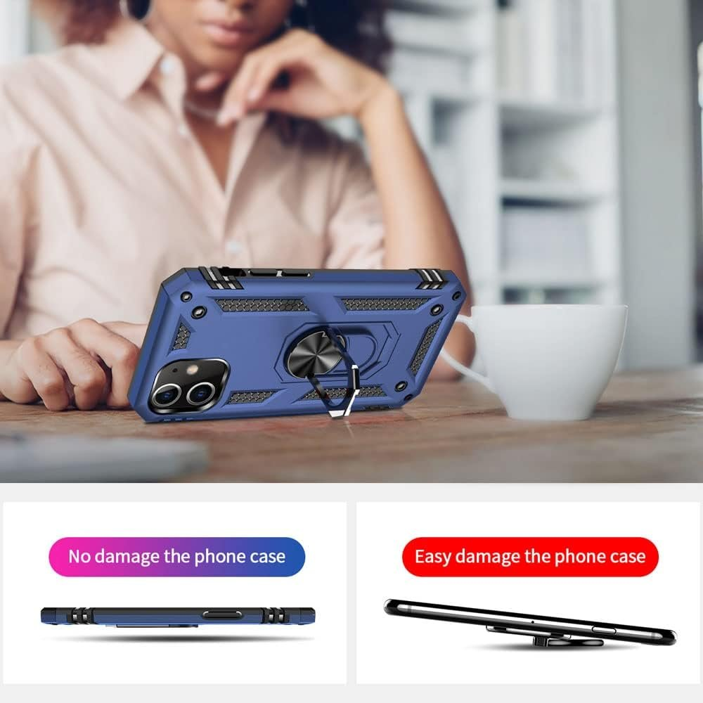 Un teléfono en una funda azul con un soporte de anillo. Dos imágenes del teléfono, mostrando daños.