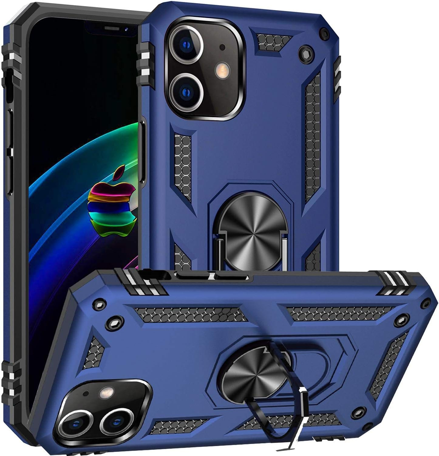 Fundas azules para teléfono, con soporte de anillo, mostrando el teléfono dentro.