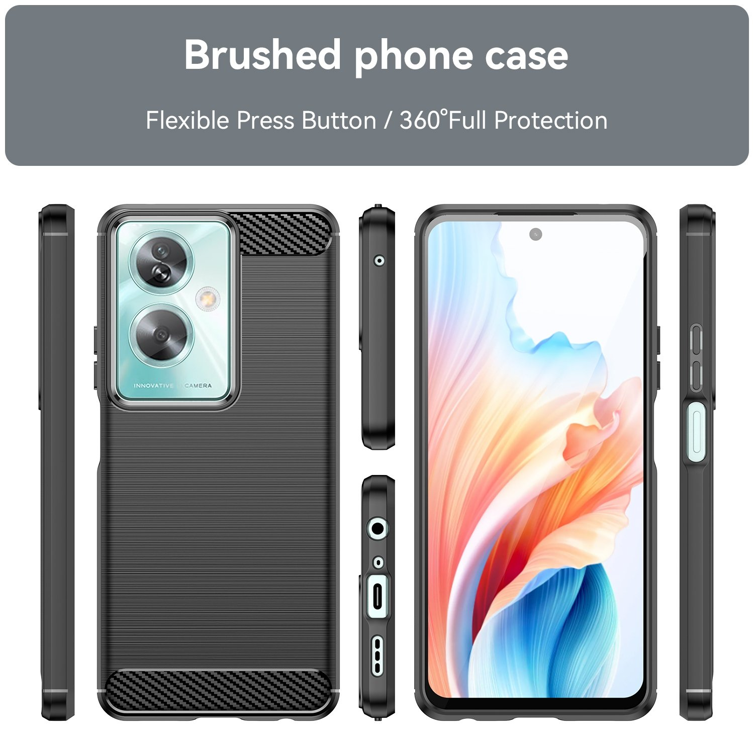 Funda negra con parte trasera texturizada y detalles de fibra de carbono, teléfono a la derecha.