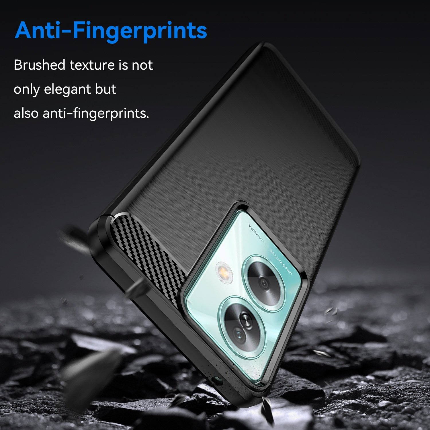 Funda de teléfono en color oscuro, con teléfono dentro y texto.