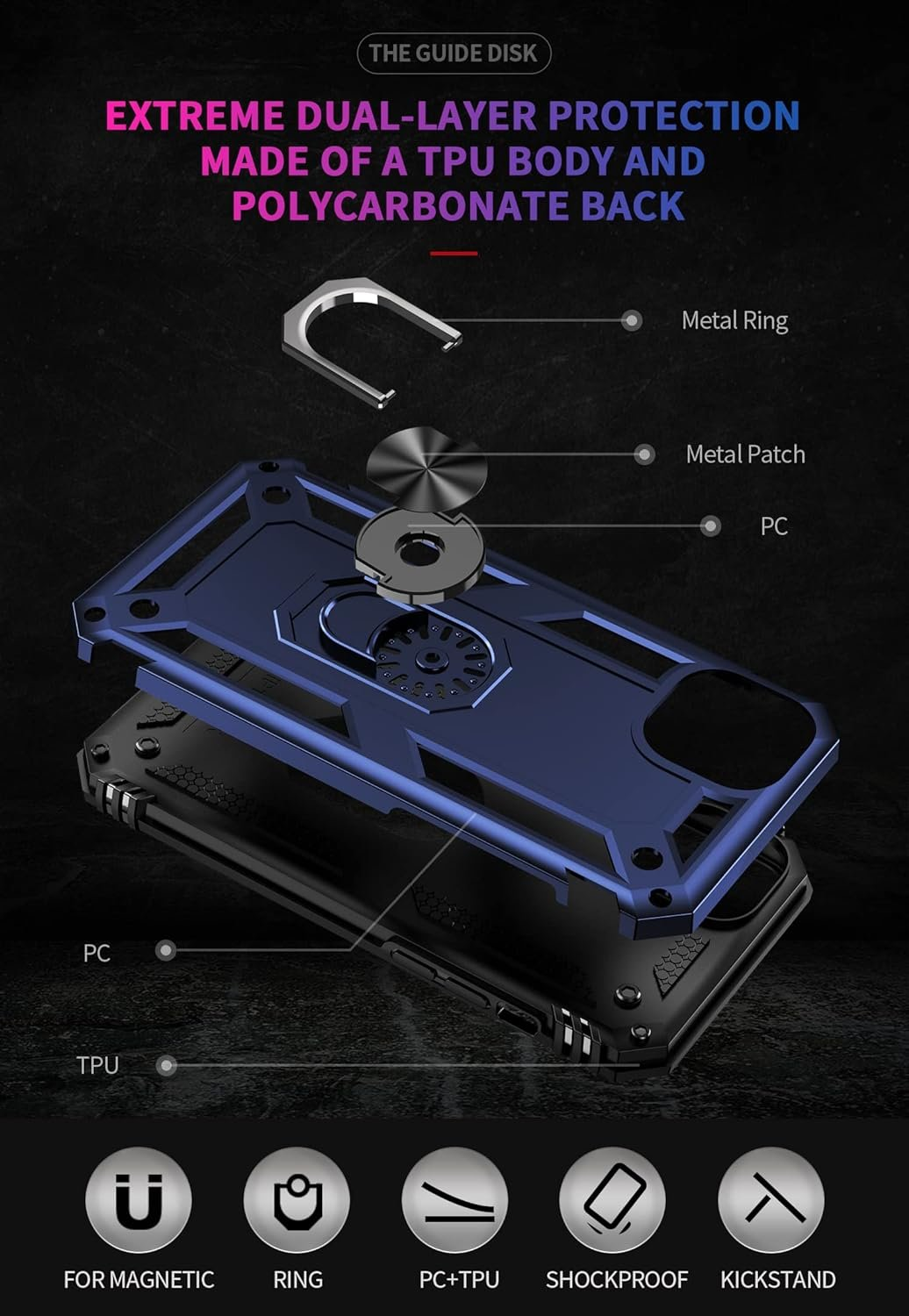 Diagrama que muestra las características de protección de la funda. Incluye anillo de metal, PC, TPU y a prueba de golpes, etc.