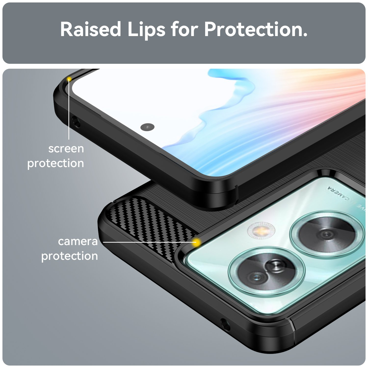 Un teléfono en funda negra, mostrando protección de pantalla y cámara. Texto destaca protección.