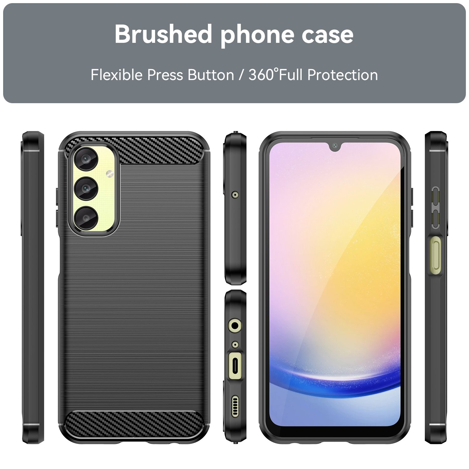 Funda negra con teléfono dentro, con otras vistas de la funda, sobre blanco.
