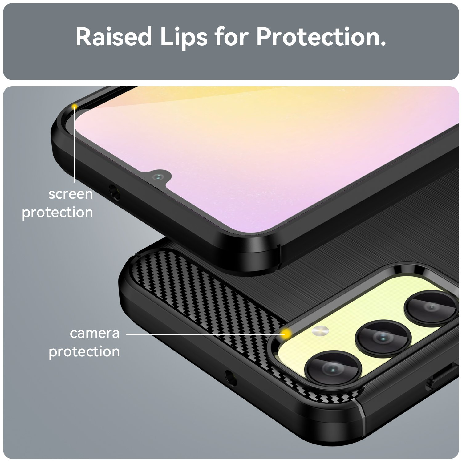 Funda de teléfono con protección de pantalla y cámara. Detalle de bordes elevados. Fondo gris.