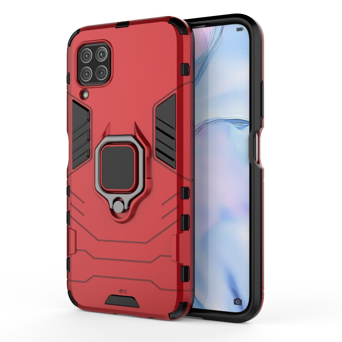 Funda roja para teléfono con detalles negros y un anillo plateado. La pantalla del teléfono es visible.