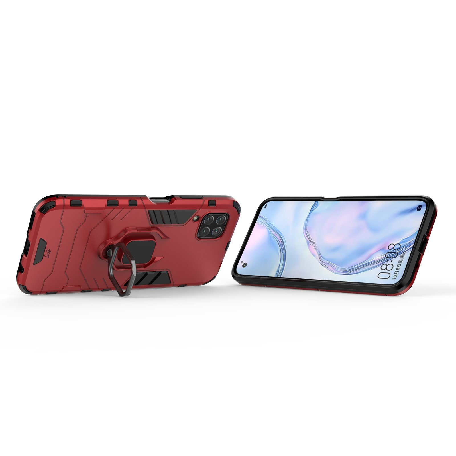 Funda roja con soporte de anillo y teléfono. El teléfono se muestra sobre un fondo blanco.