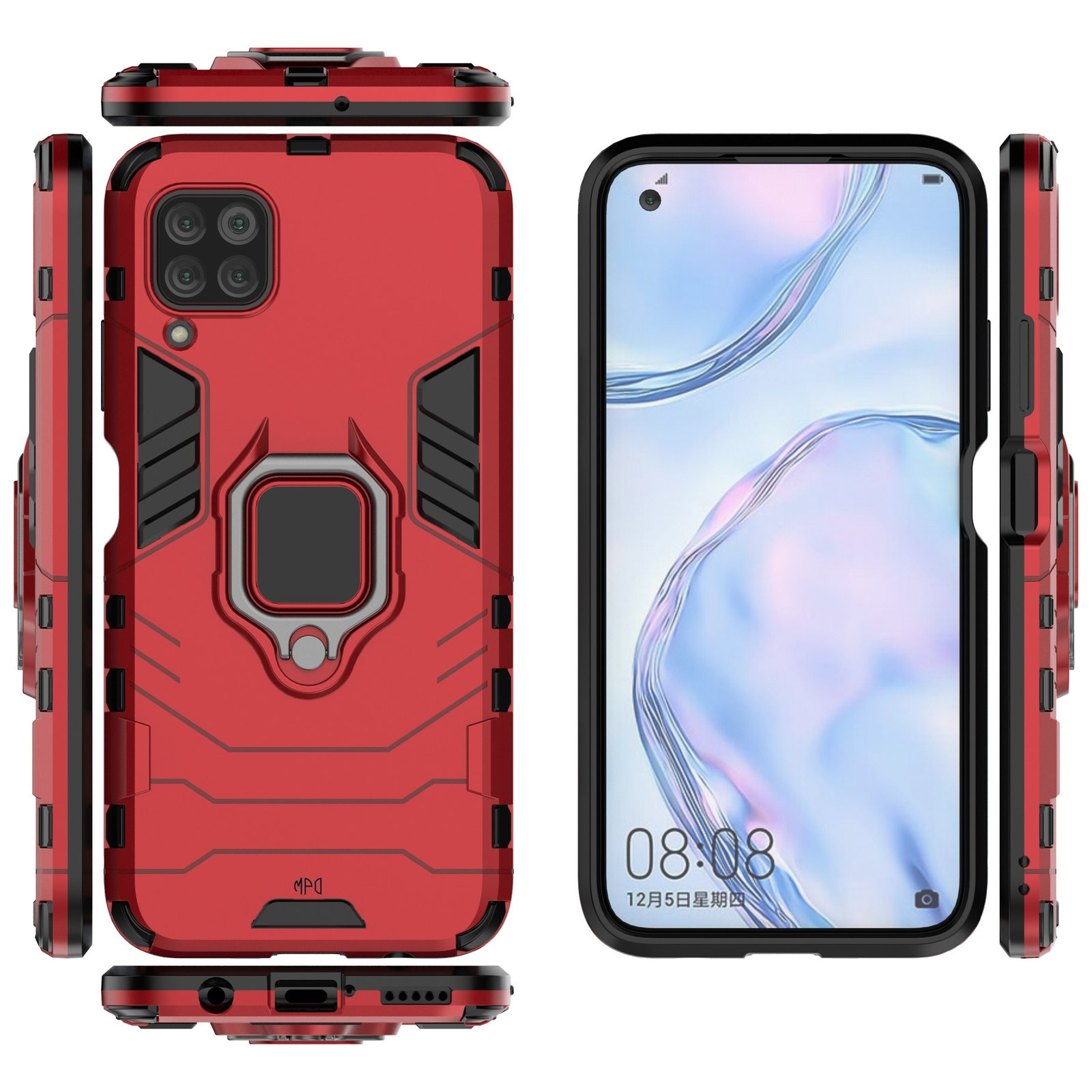 Una funda roja con soporte de anillo y un teléfono con borde negro. Muestra fecha y hora.