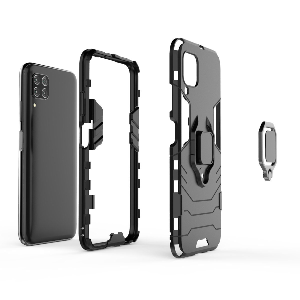Componentes de la funda del teléfono: teléfono, marco, tapa trasera y soporte de anillo. Color negro, separado.