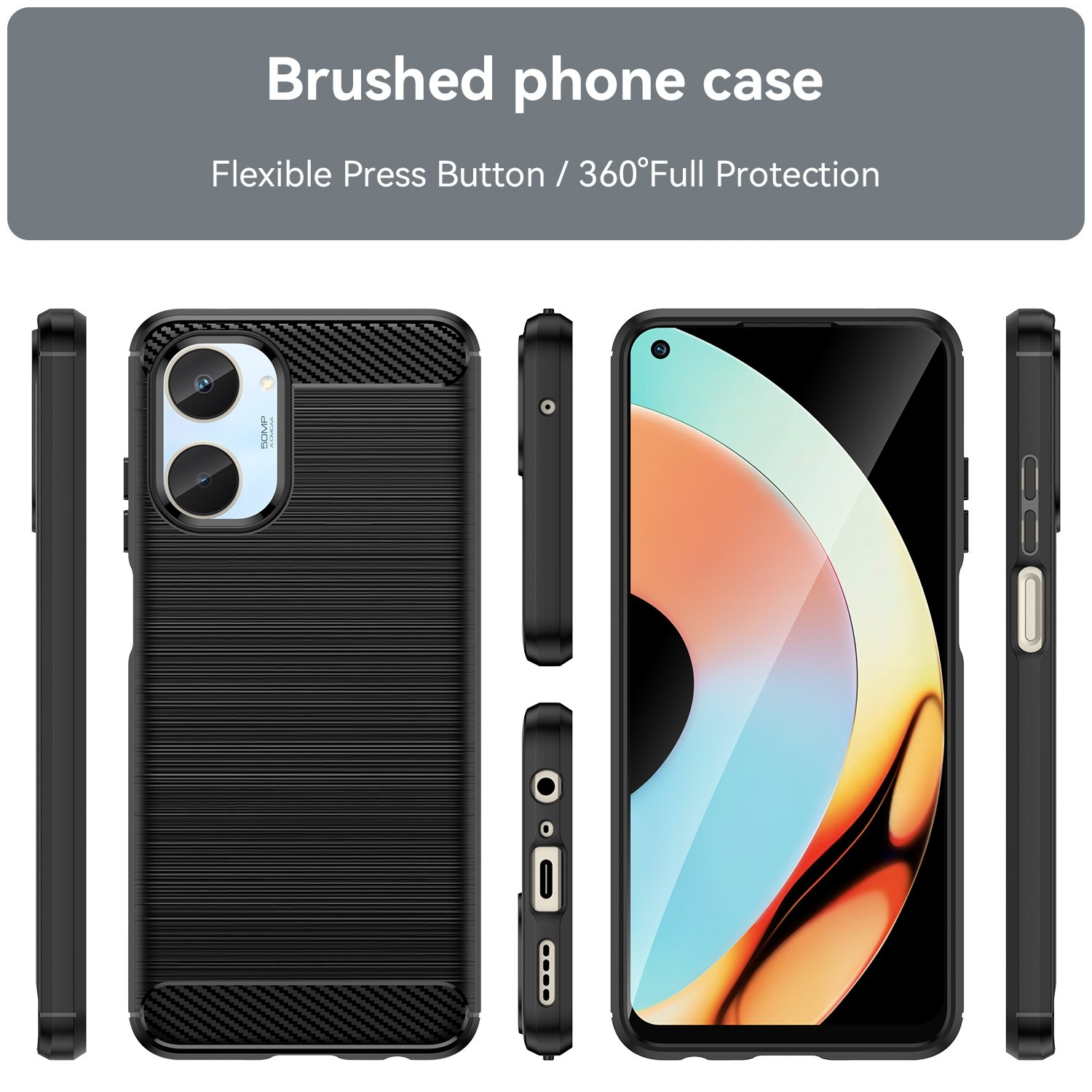 Funda negra para teléfono con textura cepillada. El teléfono muestra un diseño colorido sobre fondo negro.