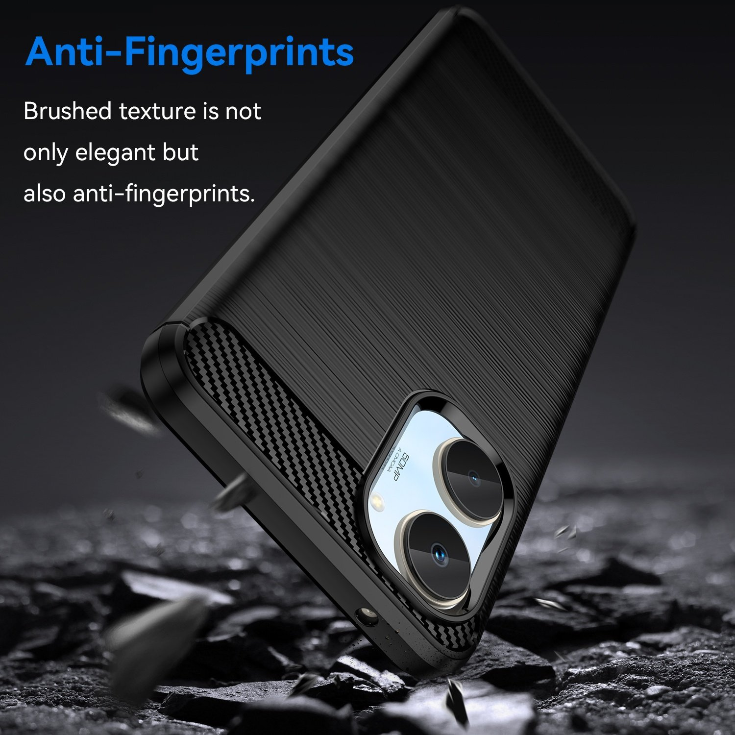 Funda negra con textura cepillada, detalles de fibra de carbono. El teléfono se muestra cayendo. Fondo oscuro.