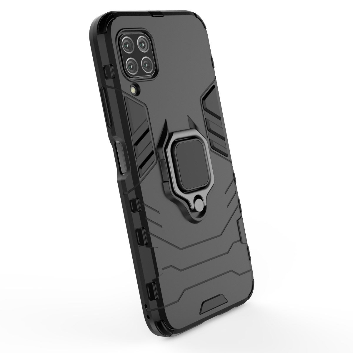 Funda negra para teléfono con soporte para anillos. Hay un teléfono dentro.