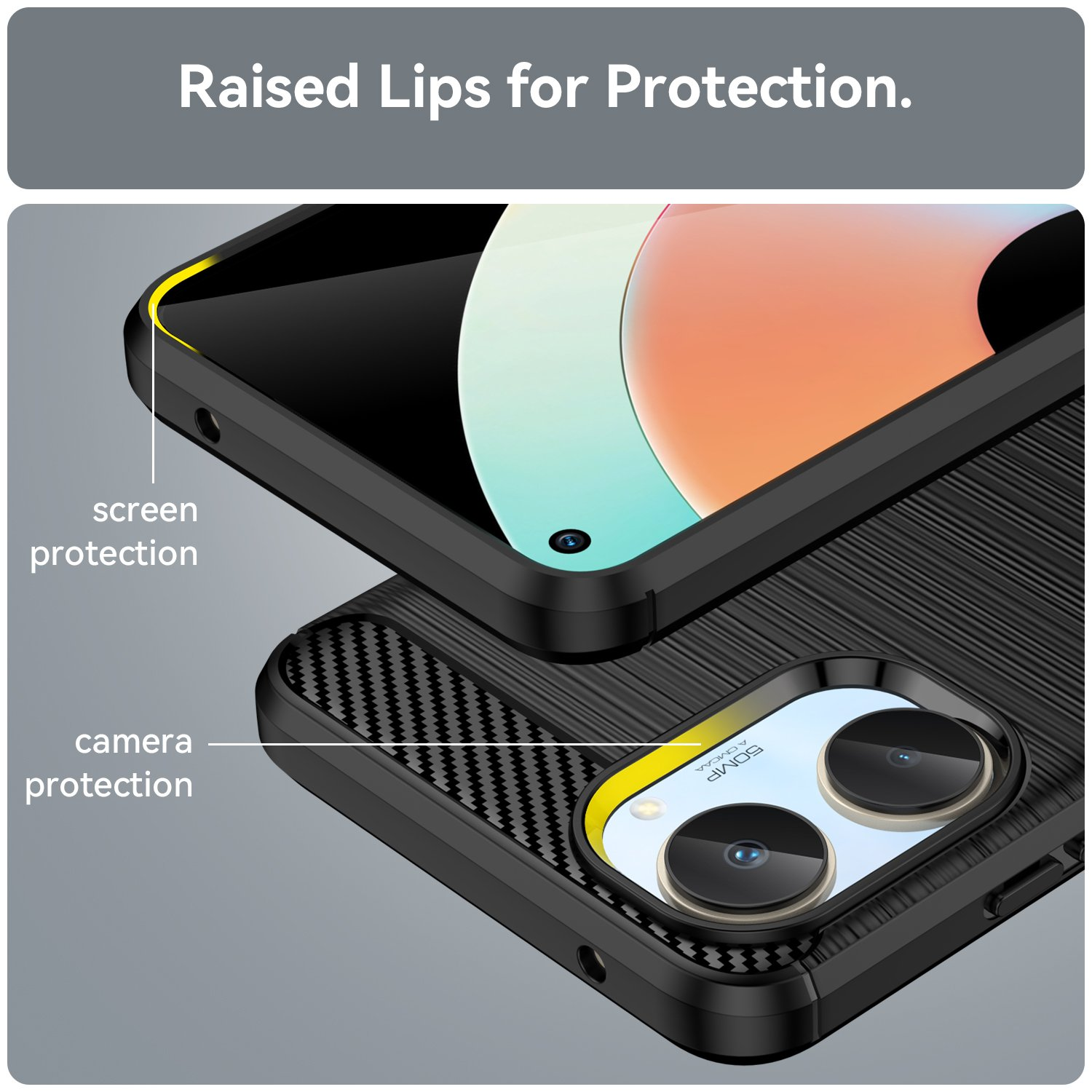 Primer plano de una funda de teléfono, con protección de pantalla y cámara indicada. Funda negra con detalles amarillos.
