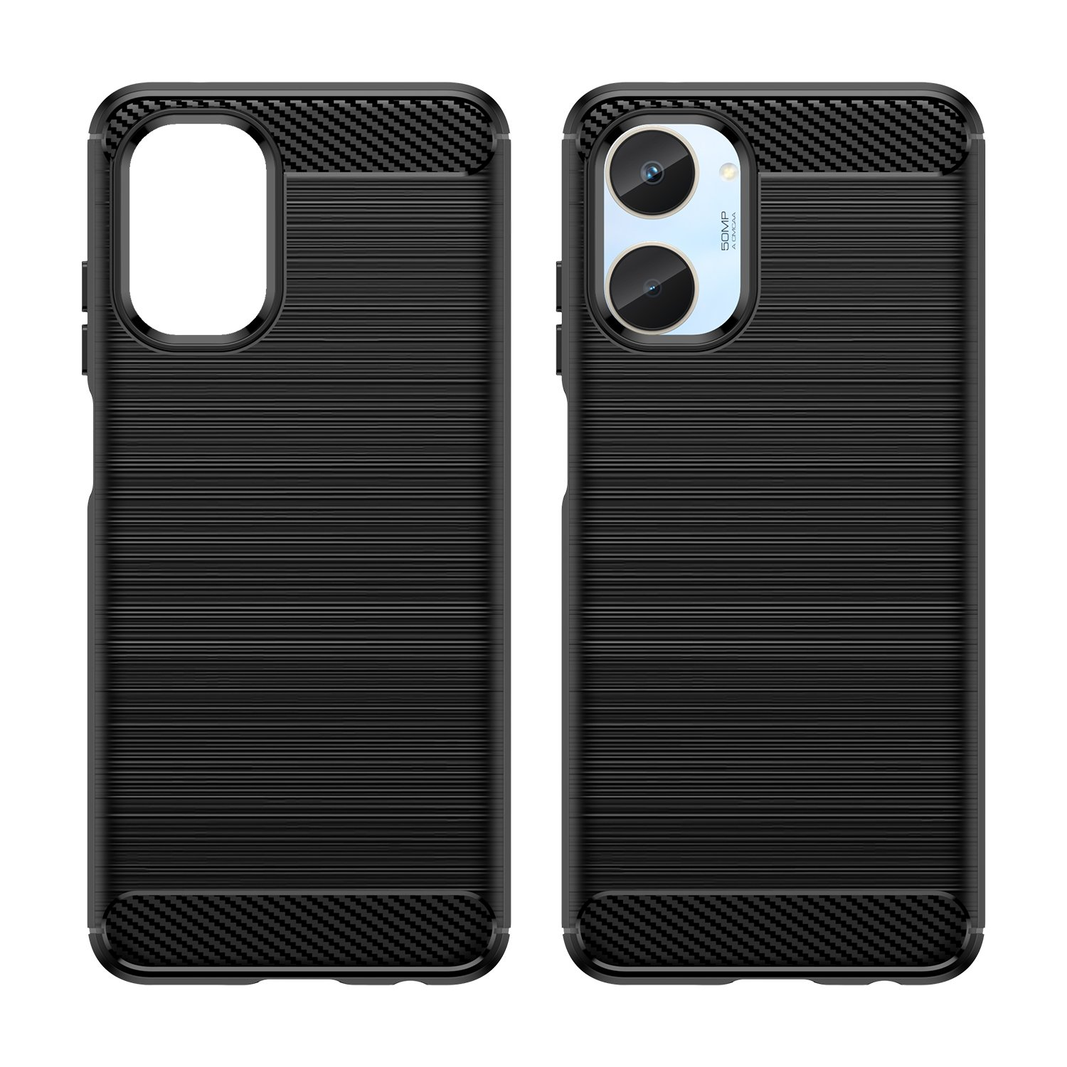 Fundas negras para teléfono, una está abierta. Fondo negro. Ambas tienen textura de fibra de carbono.