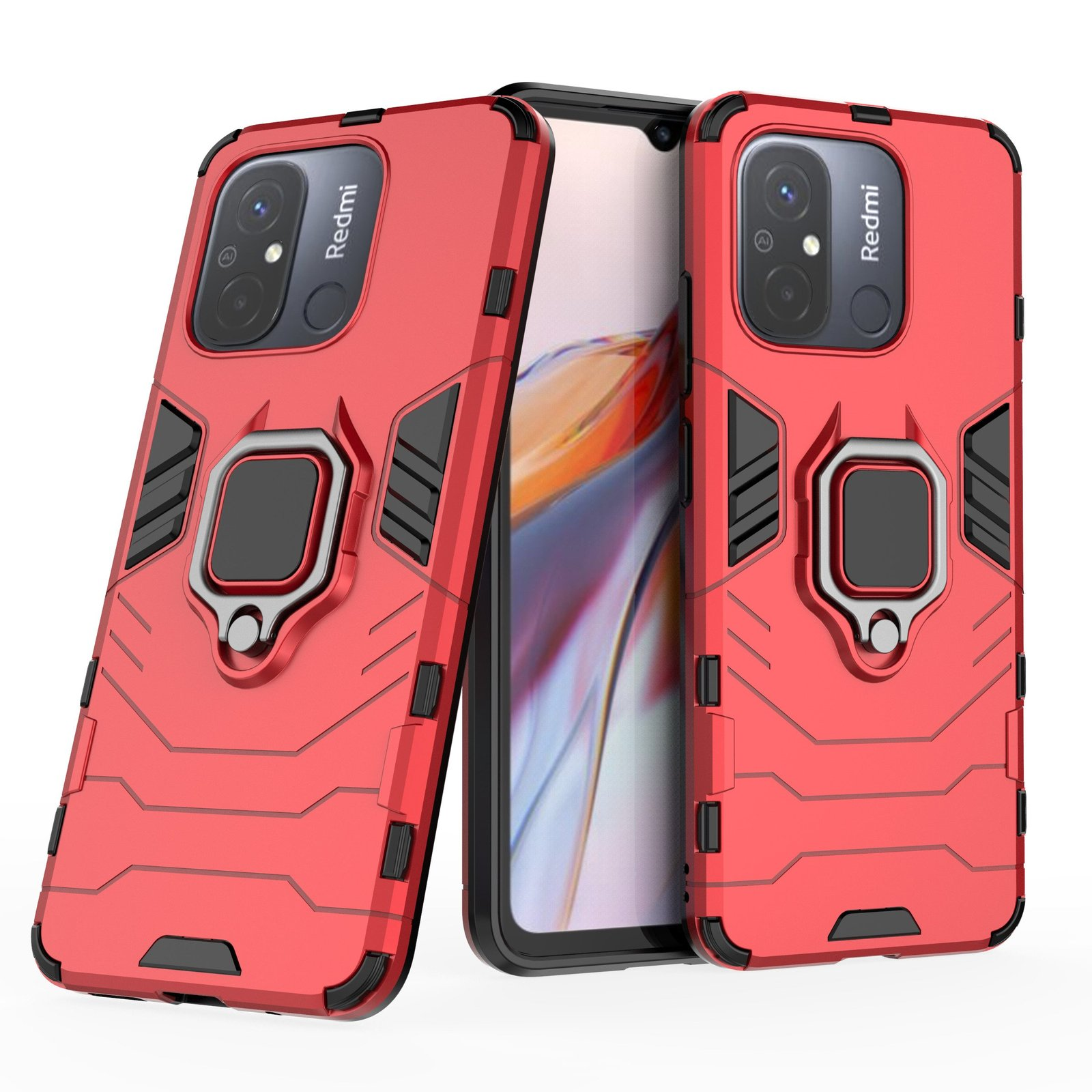Dos fundas rojas para teléfono con soporte de anillo y un teléfono con la marca 'Redmi'.