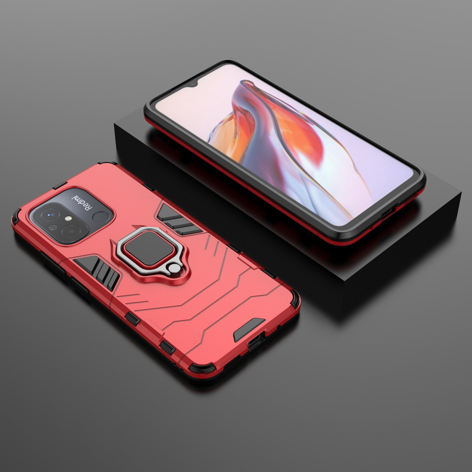 Funda roja con soporte de anillo, teléfono sobre superficie negra. Muestra una imagen colorida.
