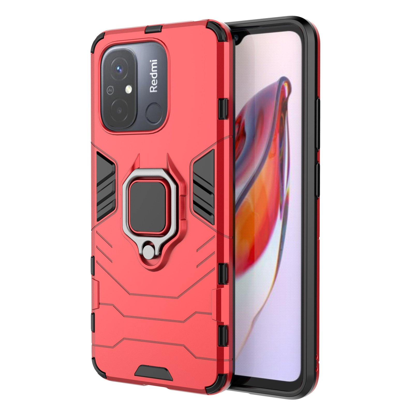 Funda roja para teléfono con portaanillos y teléfono dentro. El teléfono muestra una imagen colorida.