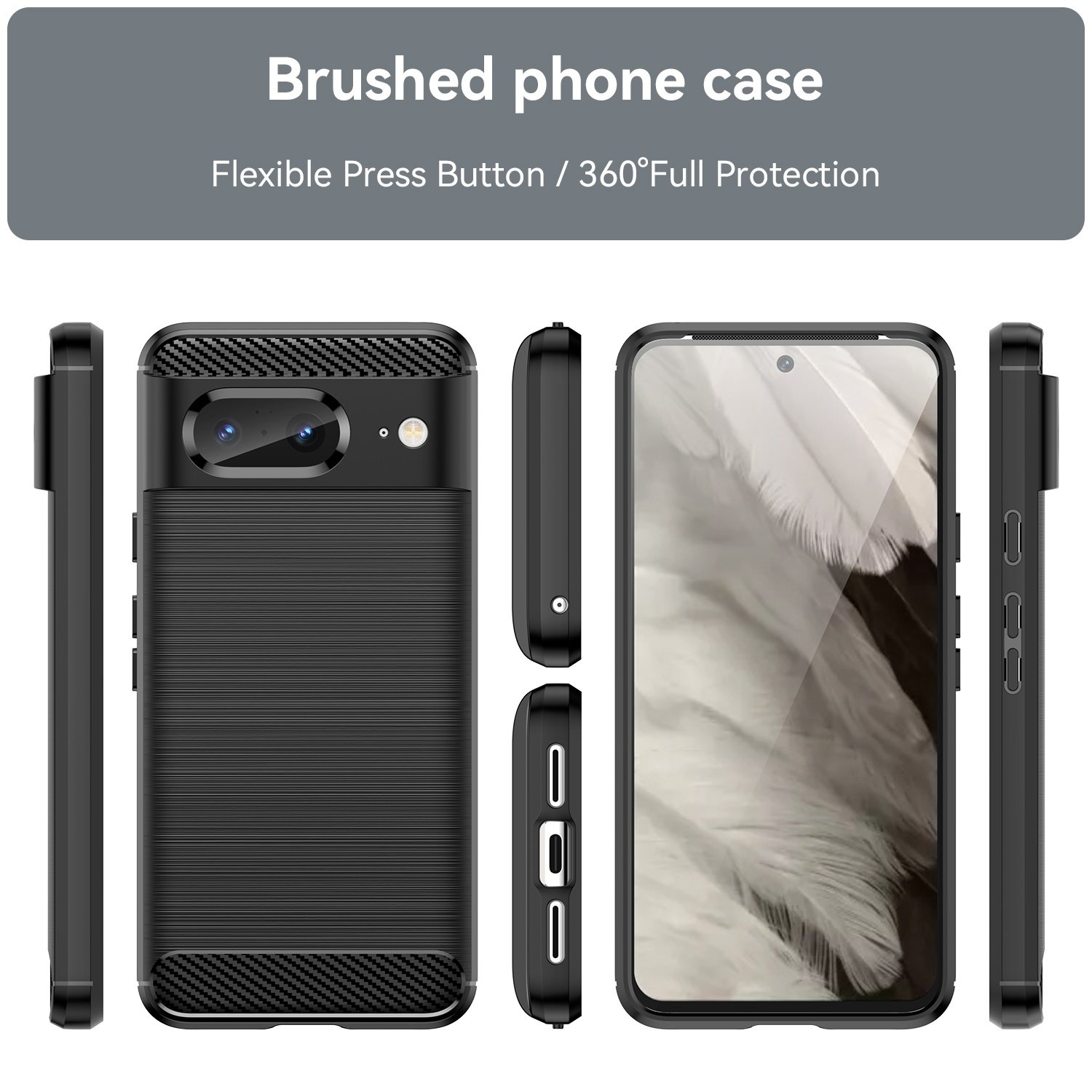 Funda cepillada para teléfono en múltiples vistas. El teléfono tiene una parte trasera negra texturizada.