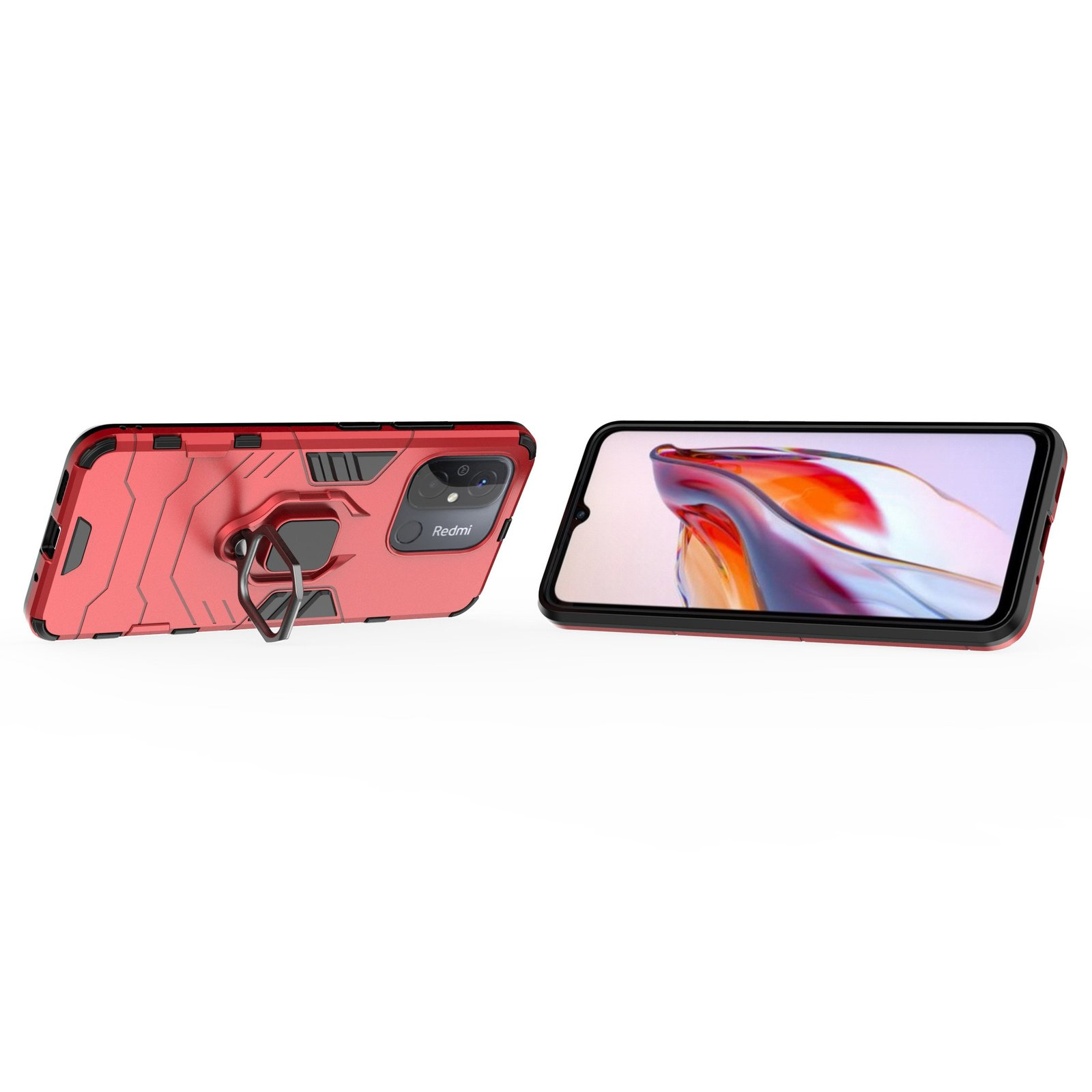 Funda de teléfono roja con soporte de anillo y teléfono con pantalla, ambos sobre fondo blanco.