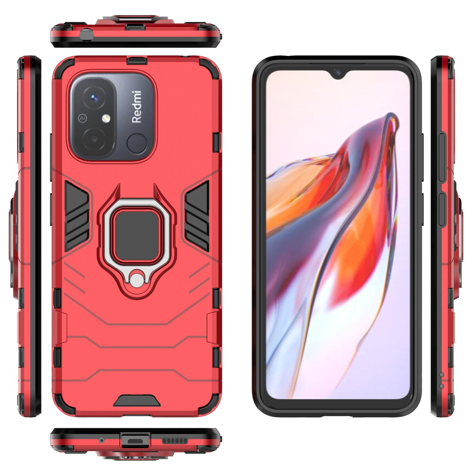 Funda roja para teléfono con soporte de anillo. Teléfono en exhibición.