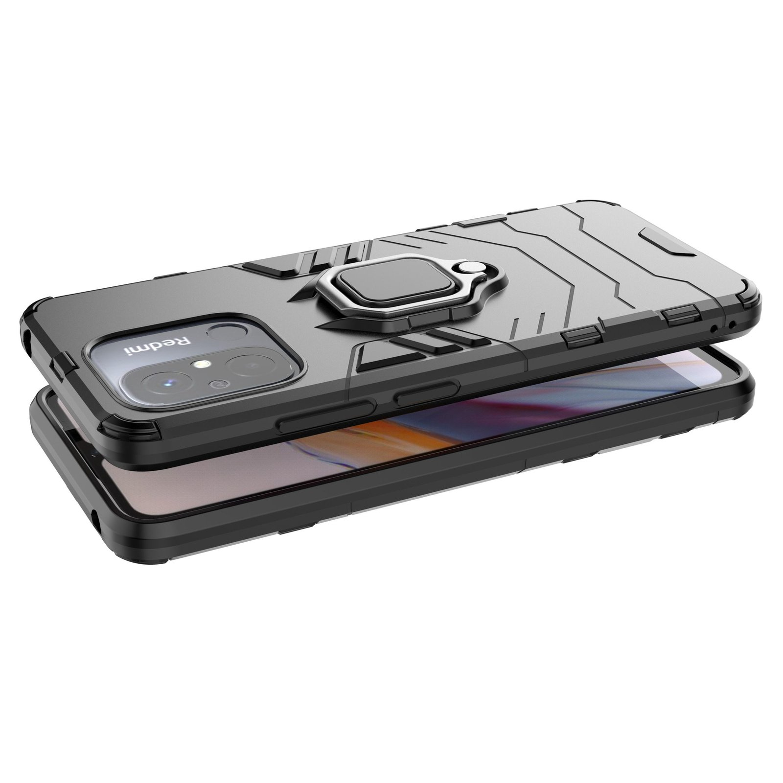Teléfono en una funda gris, vista superior. La funda tiene un soporte de anillo y está sobre una superficie blanca.