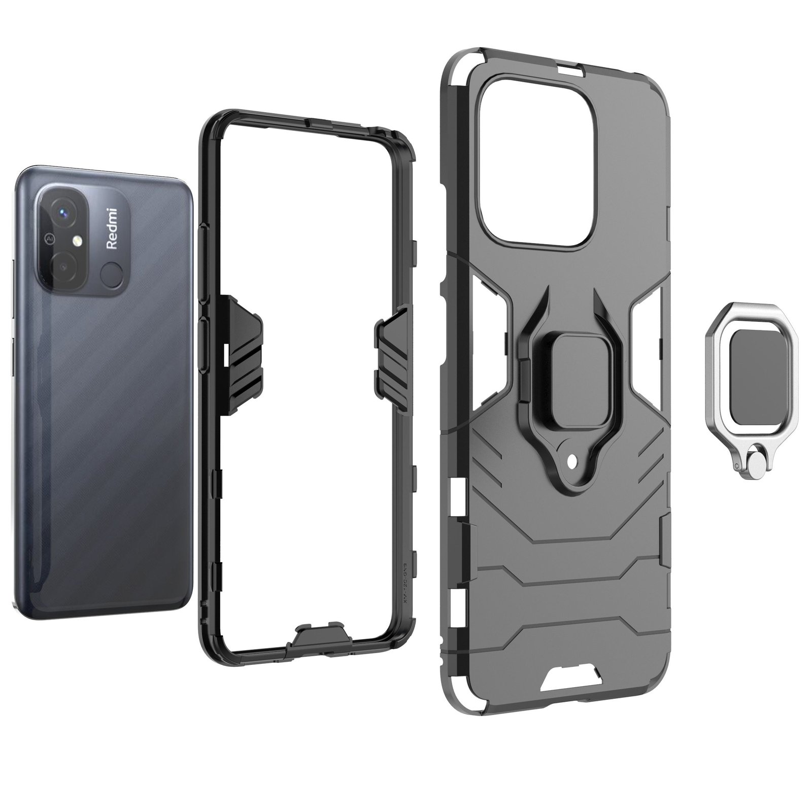 Componentes del teléfono: teléfono, marco, funda y soporte de anillo. Diseño gris oscuro, protector para el teléfono.