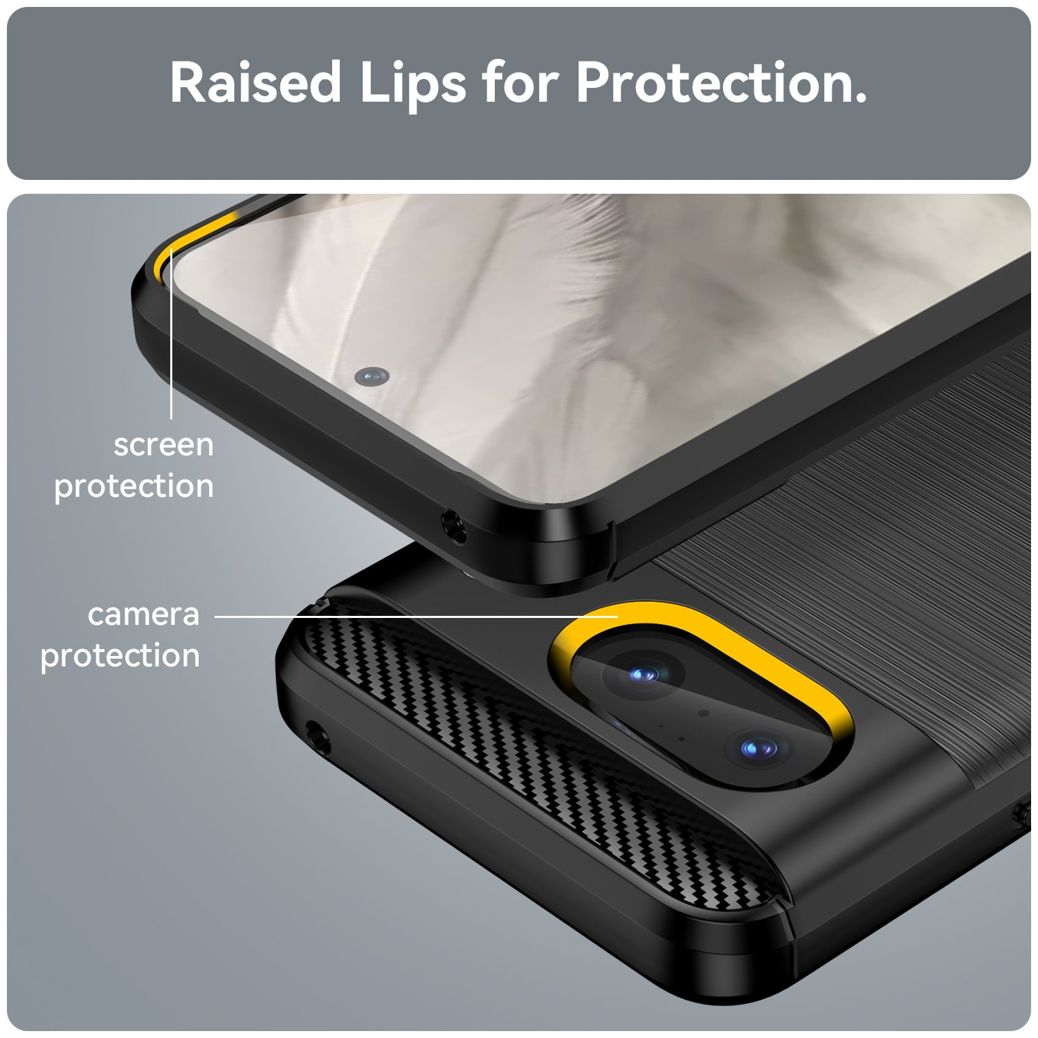 Funda negra con bordes elevados, protegiendo la pantalla y la cámara del teléfono.