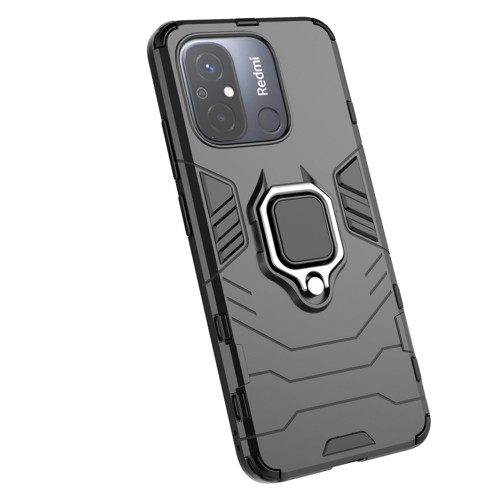 Funda de teléfono negra con soporte de anillo y un teléfono a la izquierda.