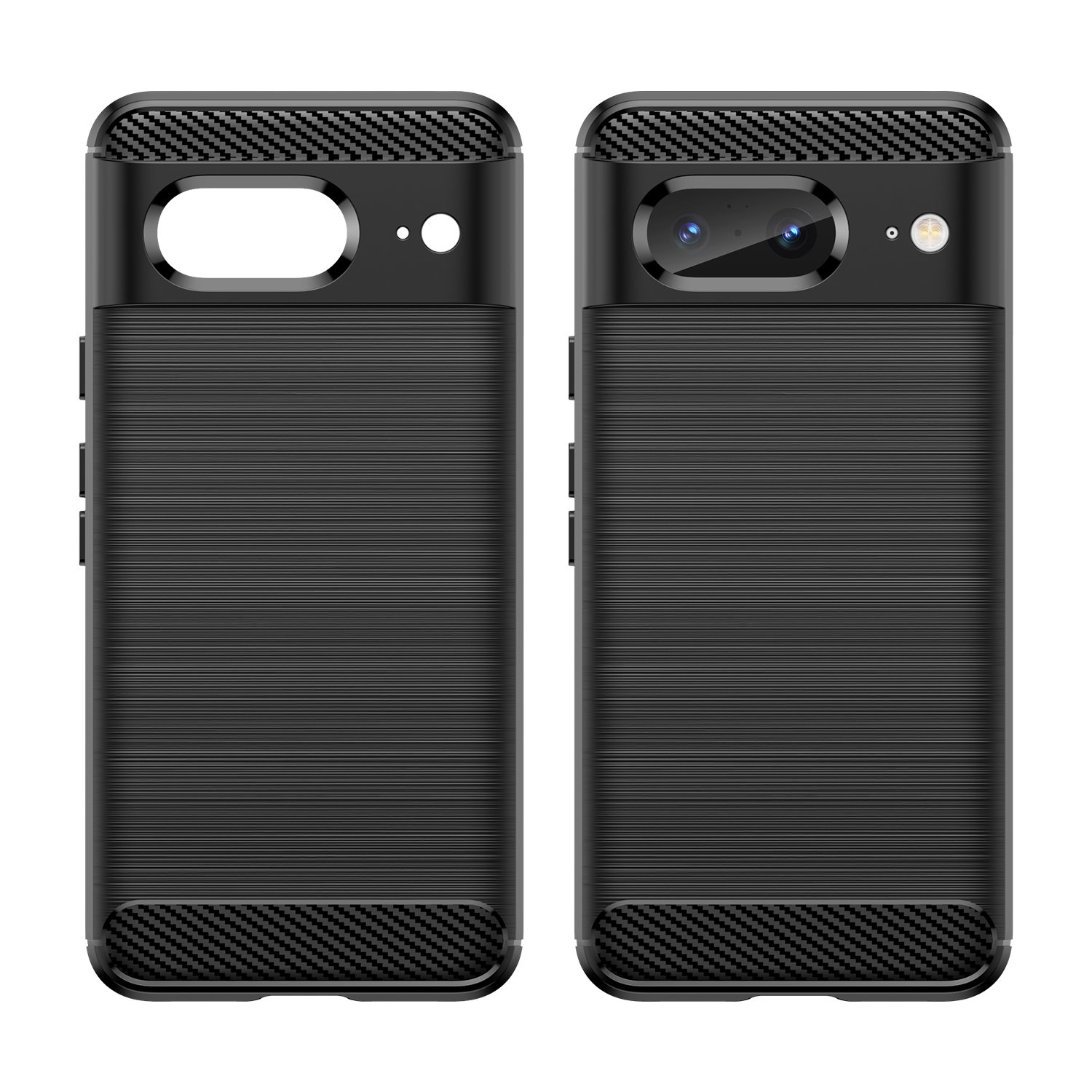 Se muestran dos fundas negras para teléfono con un patrón texturizado. Una muestra la parte trasera, la otra la delantera.