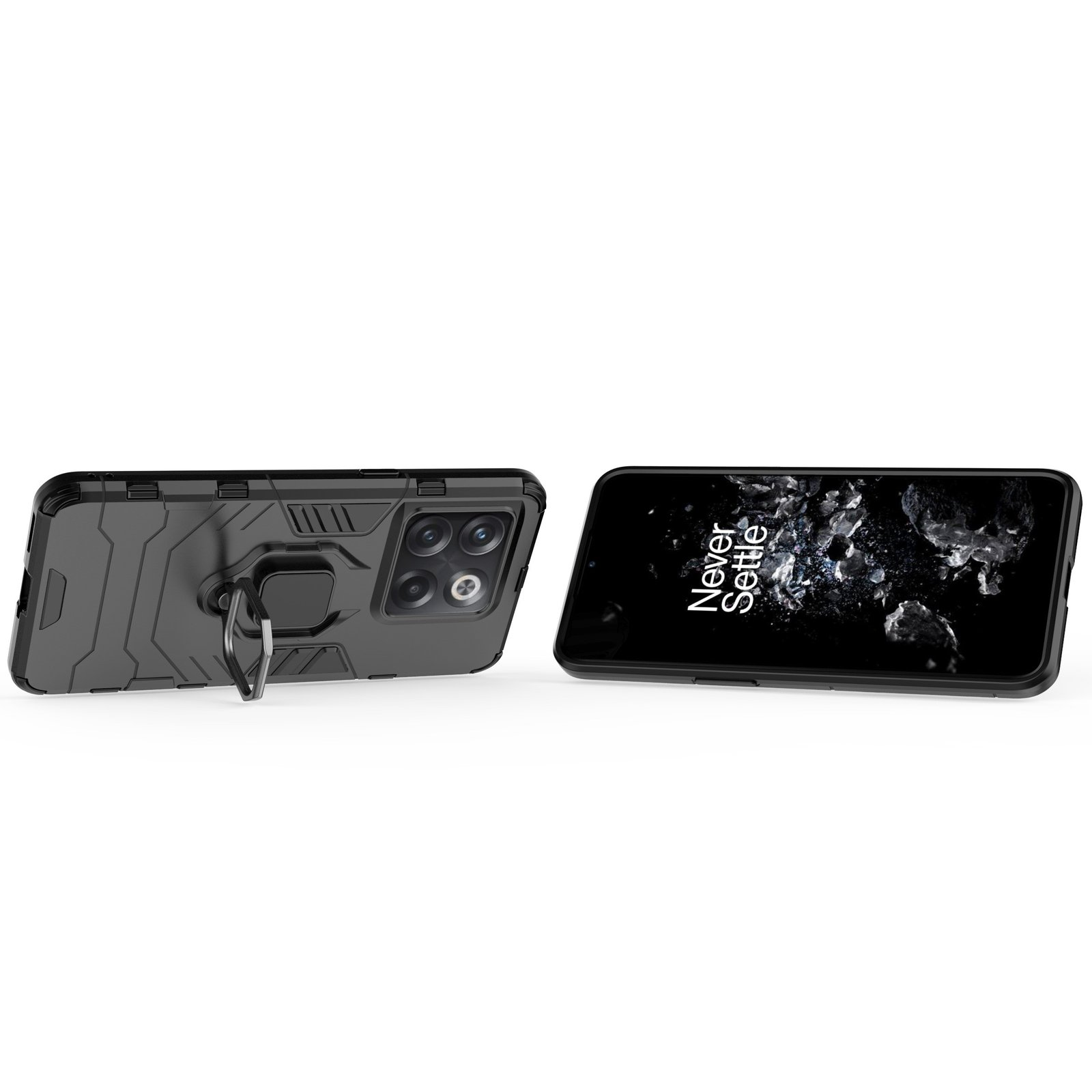 Funda negra con soporte de anillo y teléfono con fondo negro y texto. Fondo blanco.