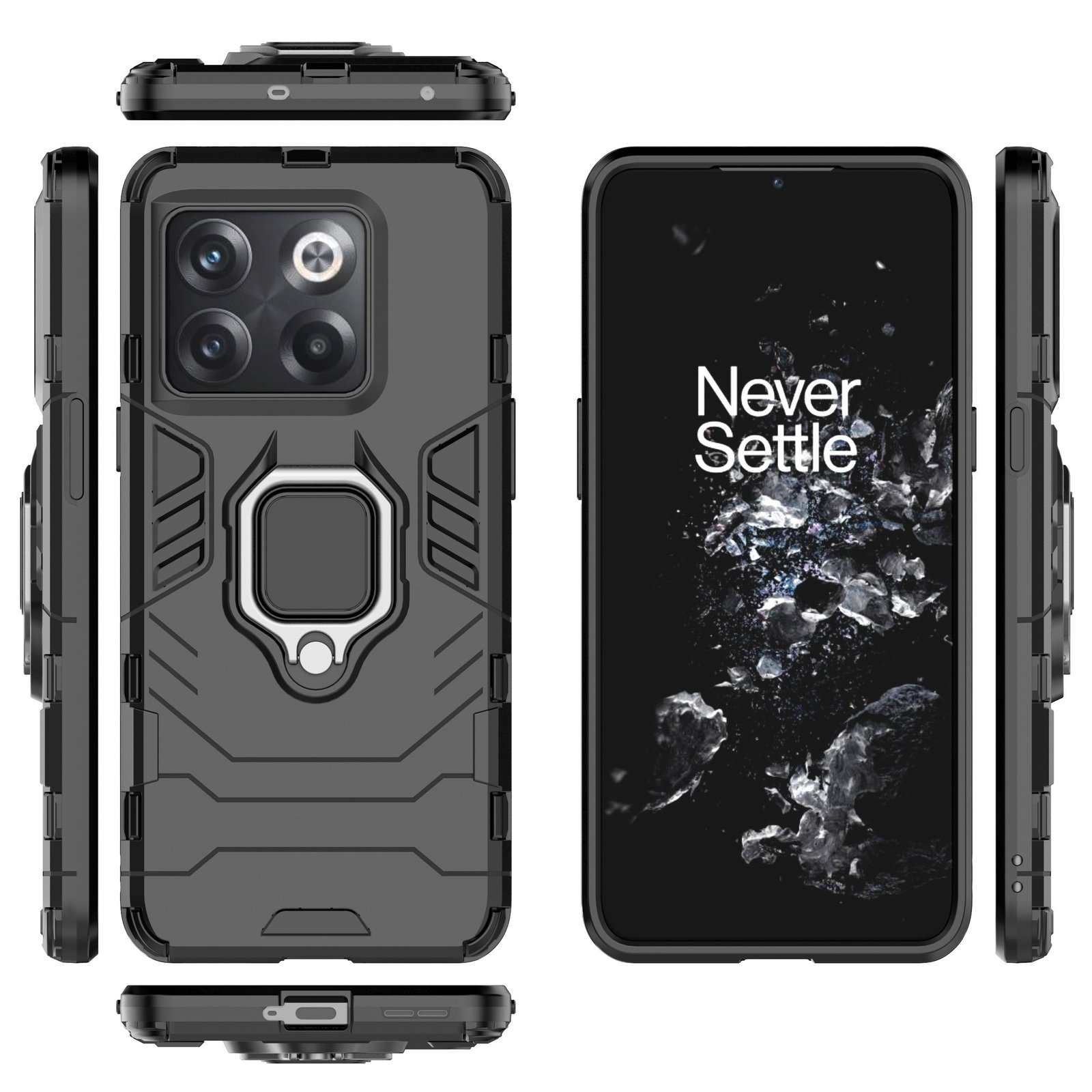 Fundas negras para teléfono con portaanillos. Una tiene el teléfono dentro. En diferentes ángulos.
