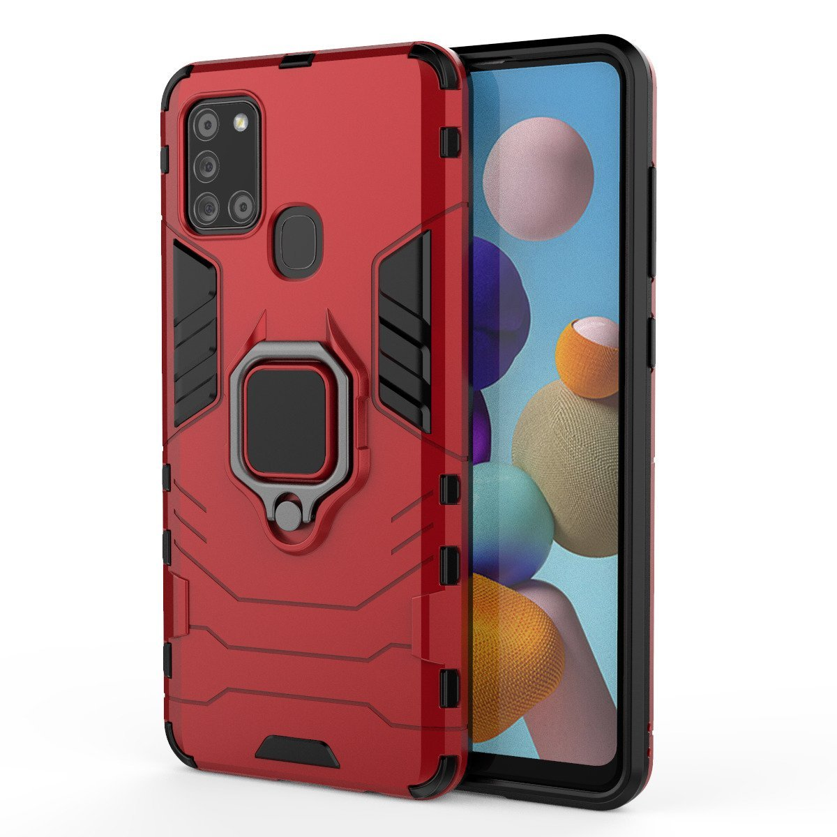 Funda roja con soporte de anillo y teléfono dentro. Diseño robusto y detalles negros.