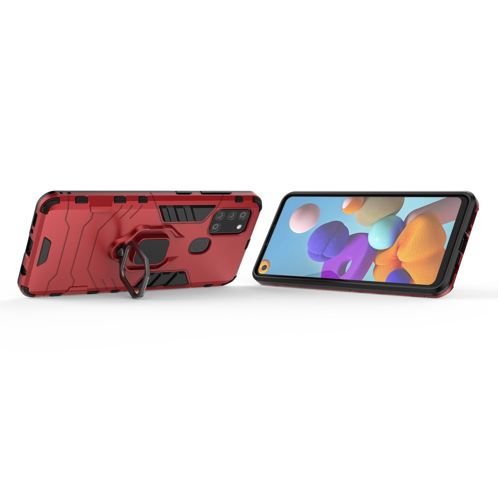 Funda roja y pantalla de teléfono. La funda tiene un anillo. Fondo blanco.