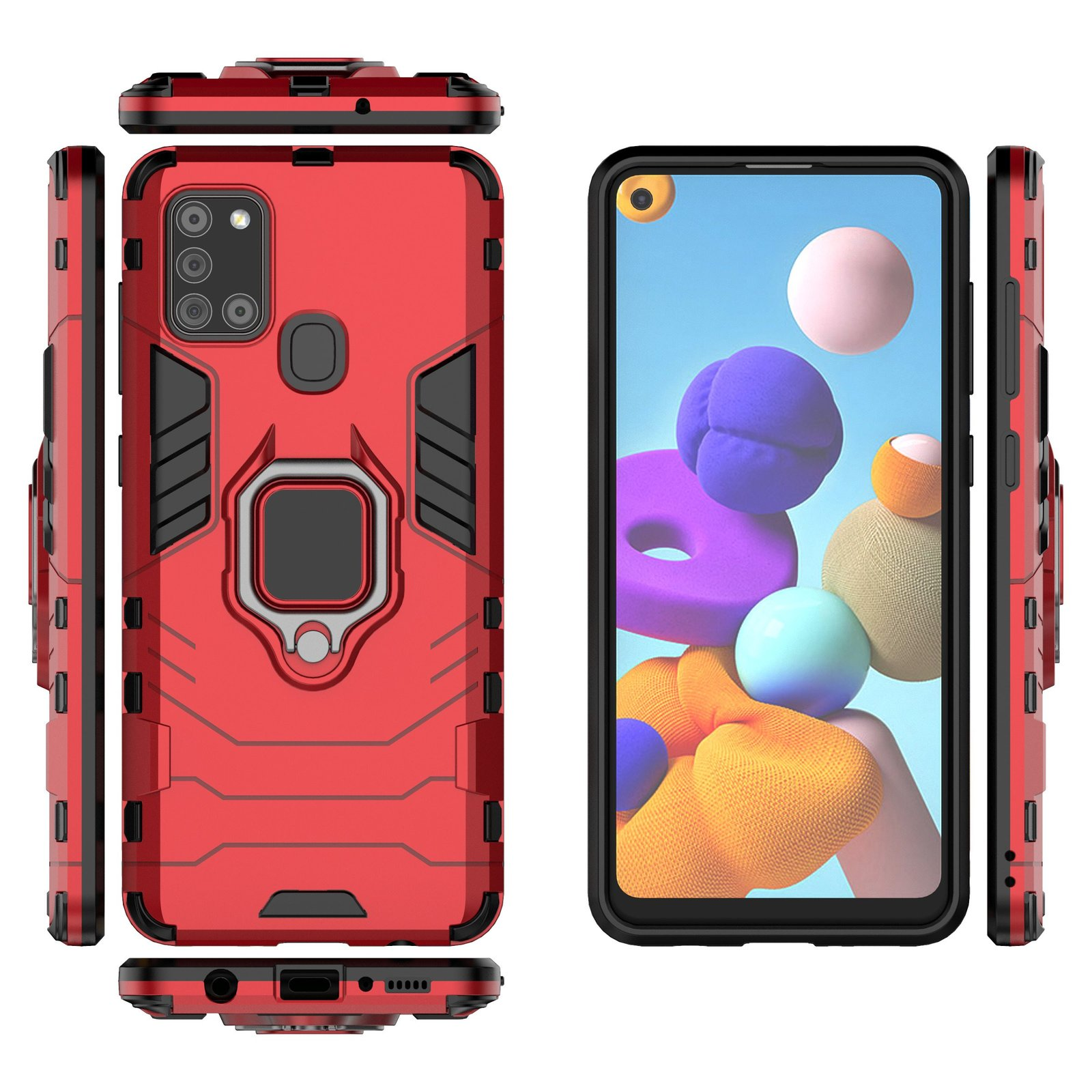 Funda roja con soporte de anillo, detalles negros y teléfono dentro. Múltiples vistas.
