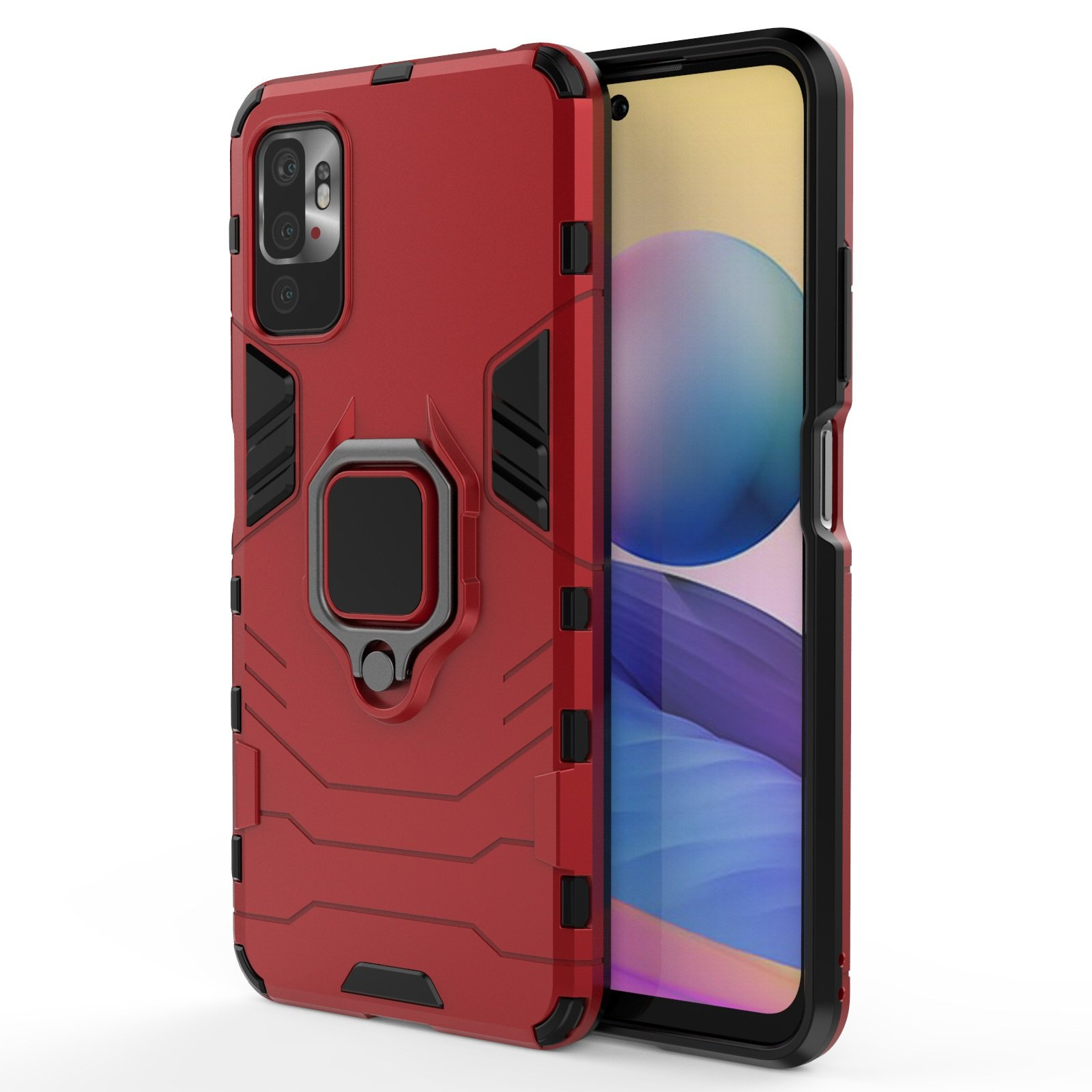 Dos teléfonos, uno en funda roja con soporte de anillo, el otro con pantalla. Fondo oscuro.