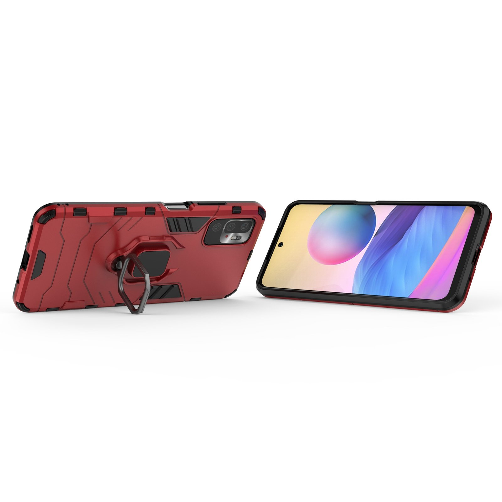 Funda de teléfono roja y teléfono. El teléfono muestra una imagen colorida. La funda tiene soporte de anillo.