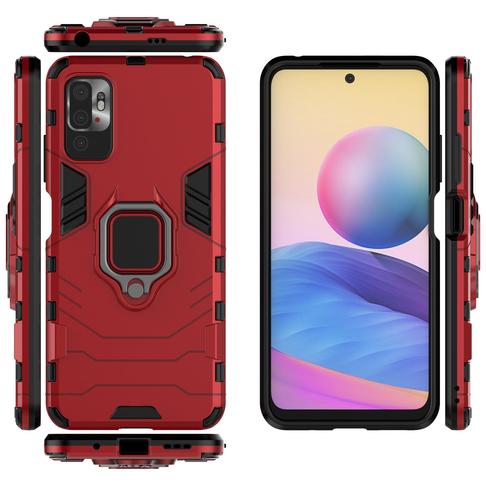 Funda roja para teléfono con teléfono dentro, con múltiples vistas. Fondo blanco.