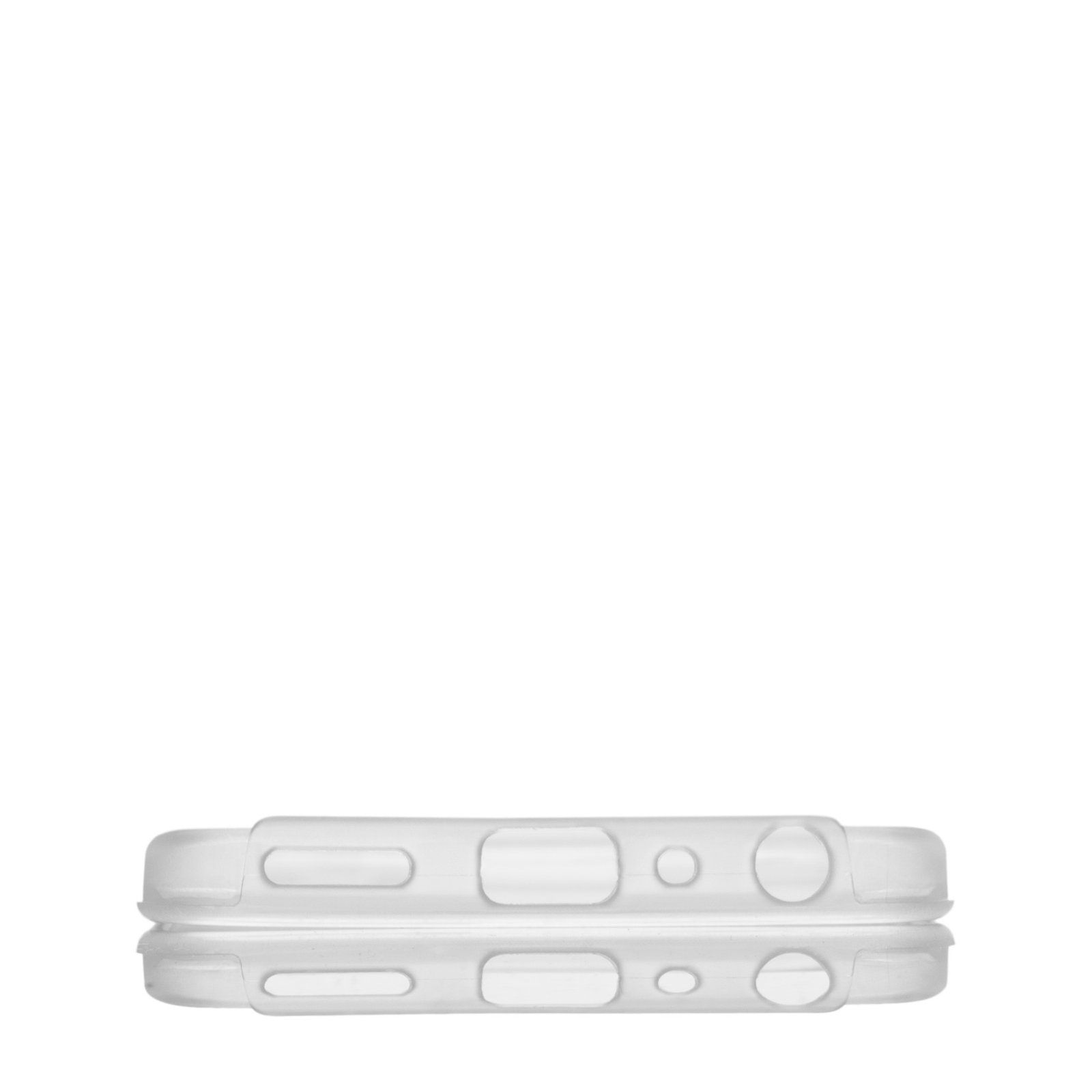 Dos fundas transparentes para teléfono, vista inferior, con puertos y botones visibles.