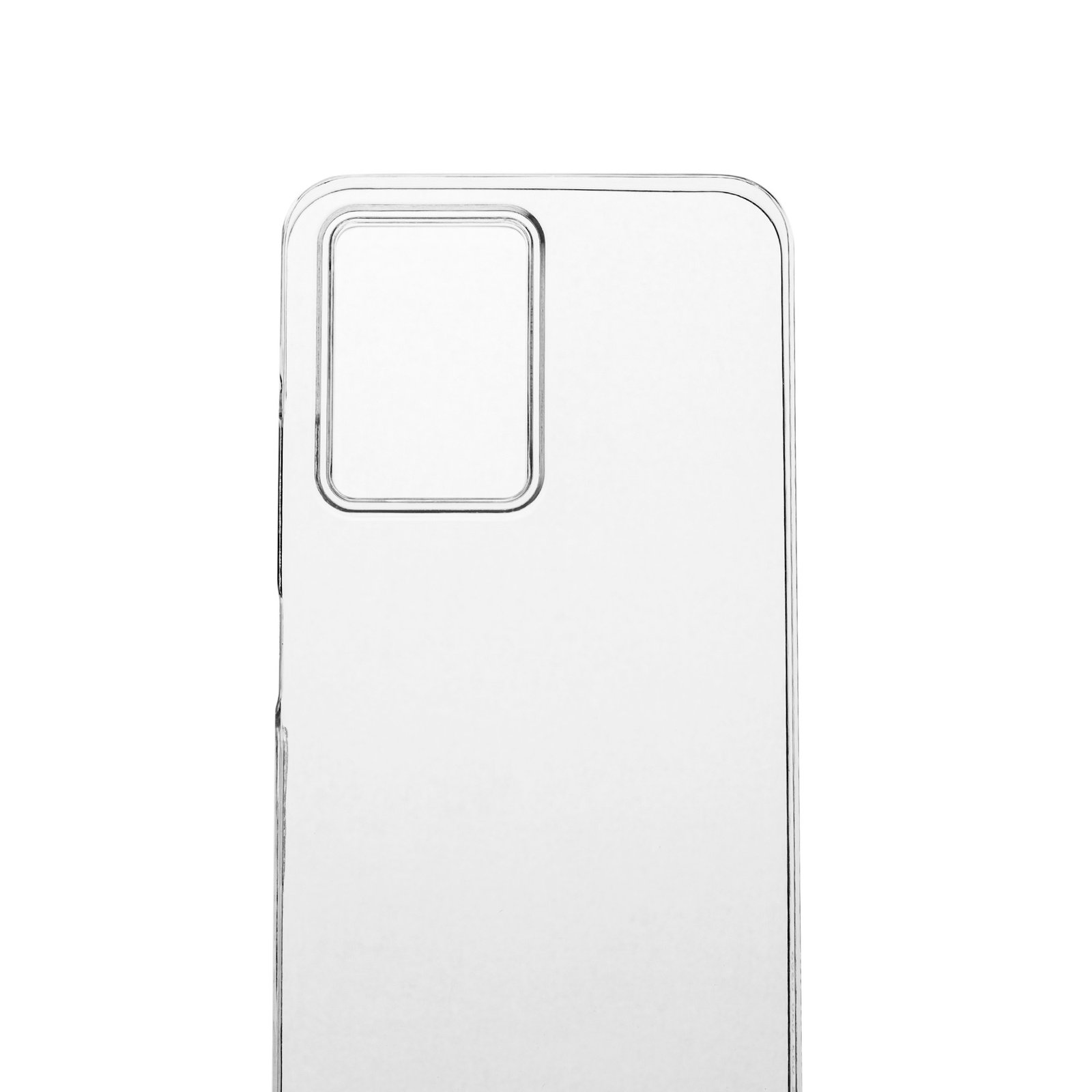 Una funda transparente para teléfono, la parte trasera visible, con recorte para cámara.