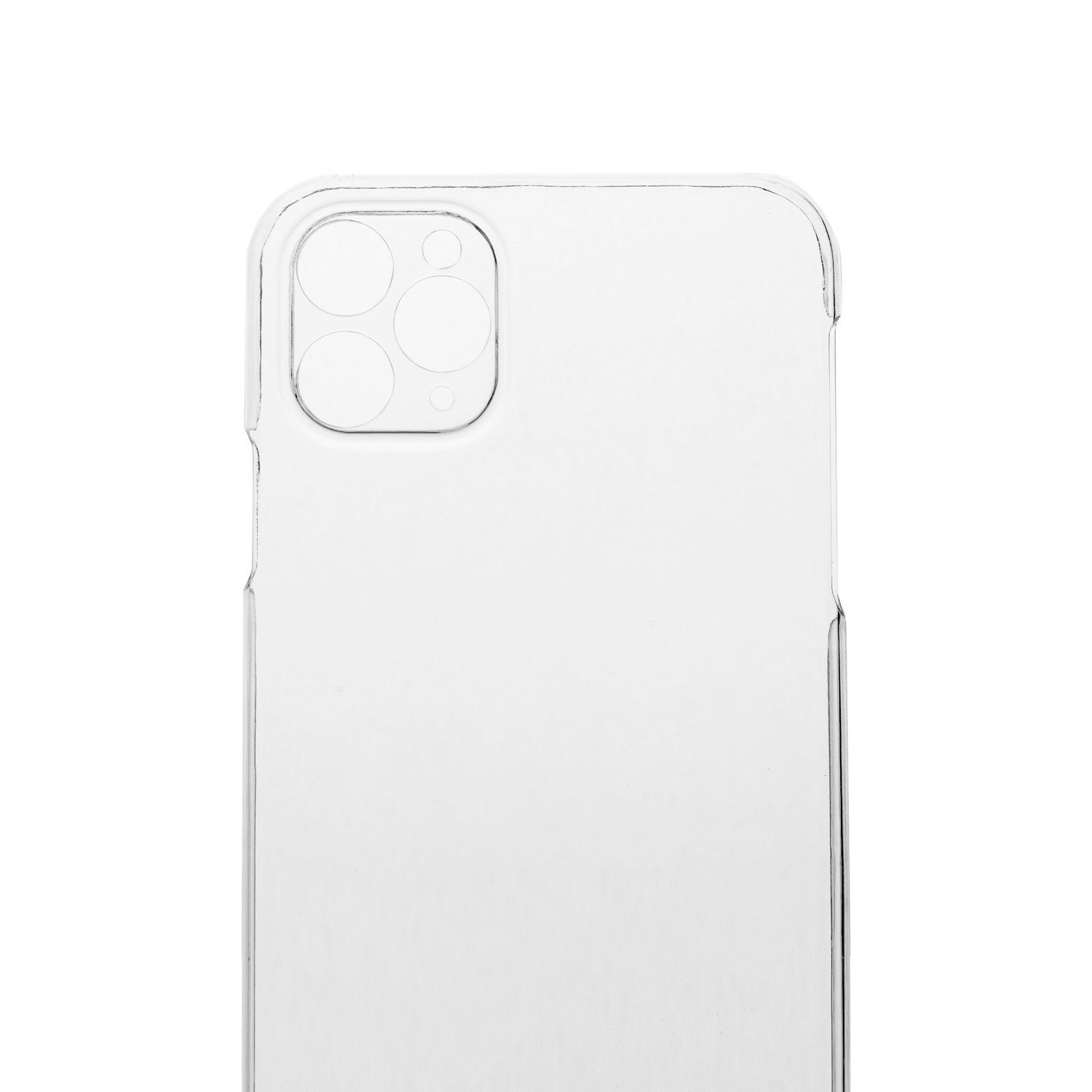 Funda transparente con recortes para cámara. Fondo blanco.