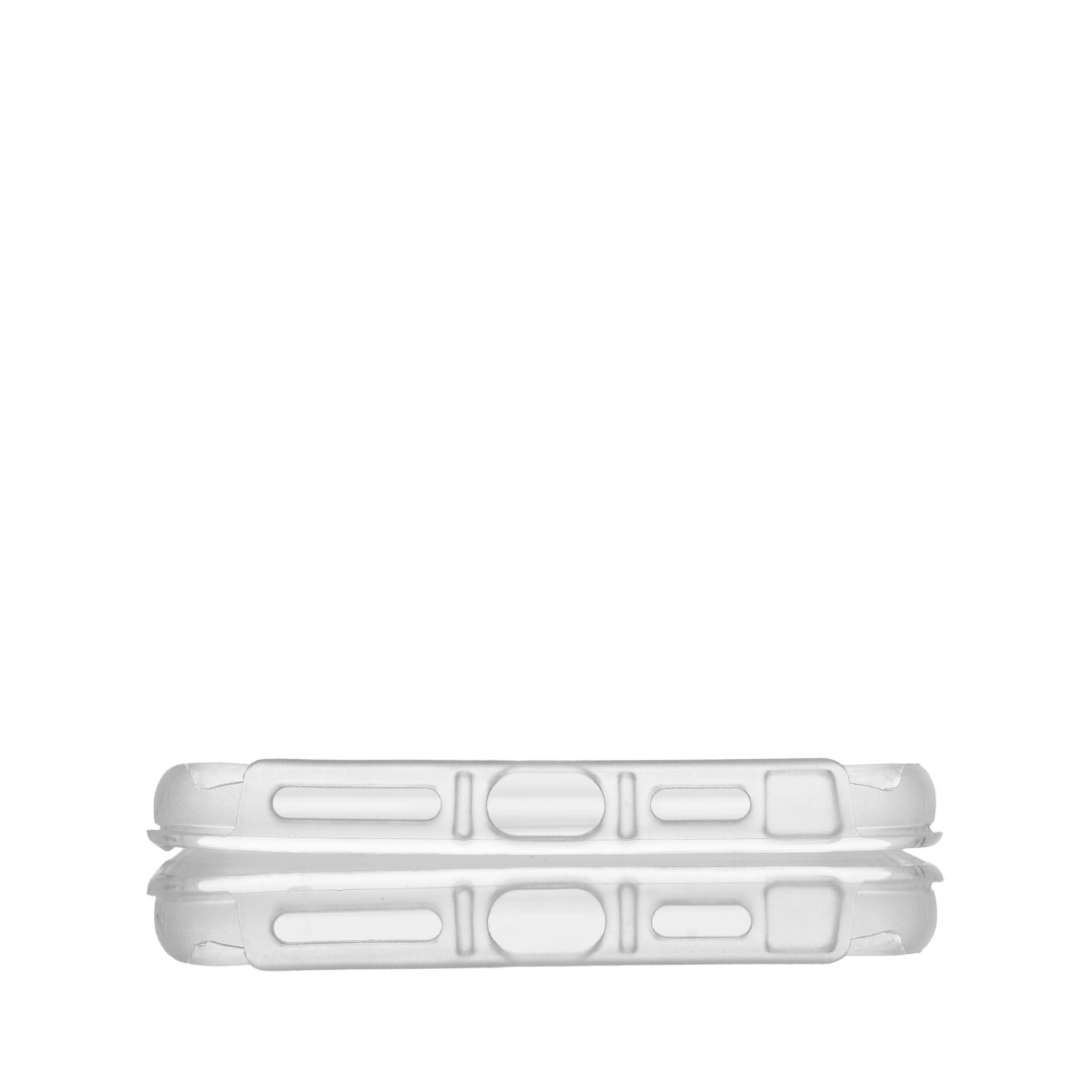 Dos fondos de fundas transparentes para teléfono, alineados sobre un fondo blanco.
