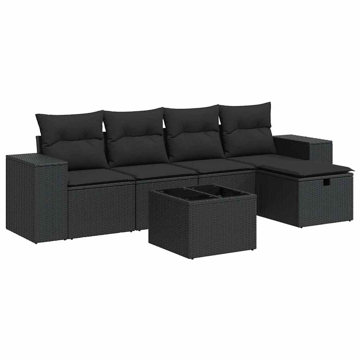 Un set di divani in vimini nero da esterno con cuscini e tavolino.